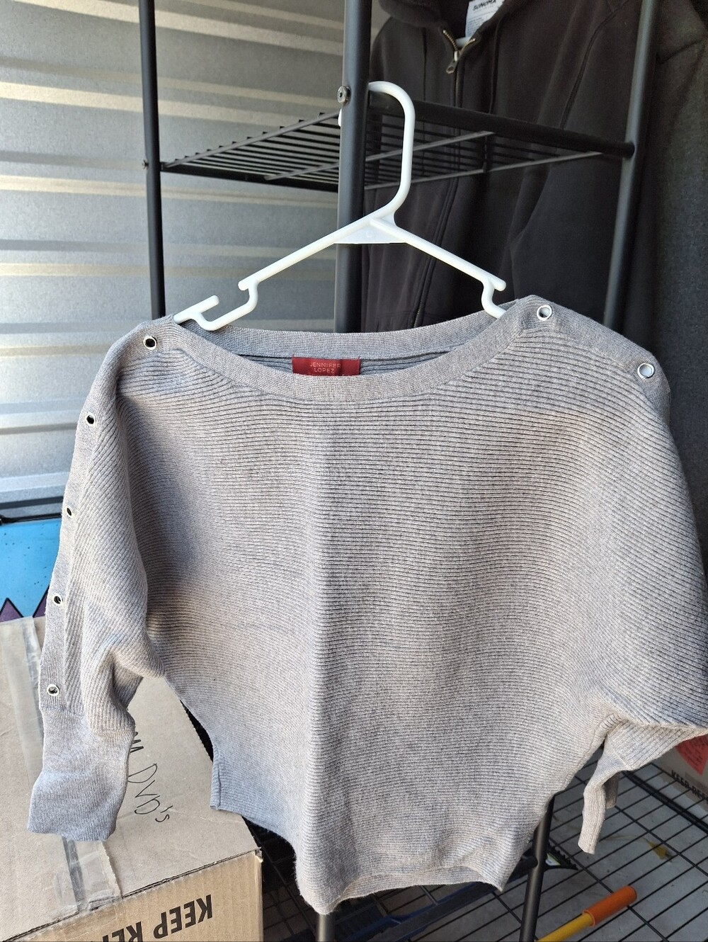 Jennifer Lopez Light Gray Ribbed Button-Shoulder Sweater